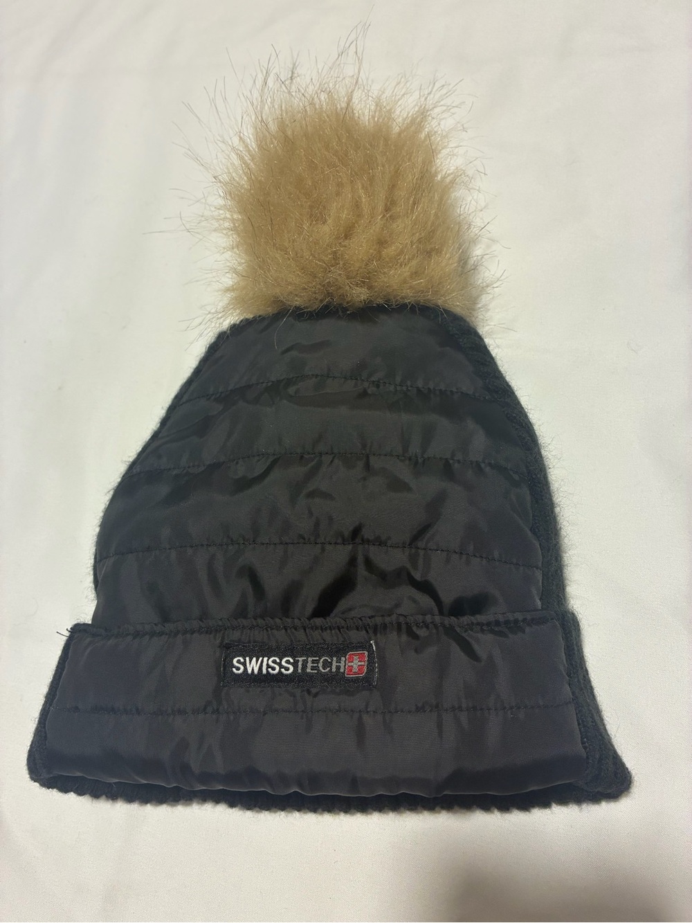 Swiss Tech Black Beanie with Faux Fur Pom